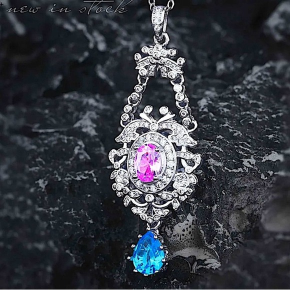 Sterling Silver Pink Blue Cubic Zircon Exquisite Trendy Pendant Necklace - Picture 3 of 5
